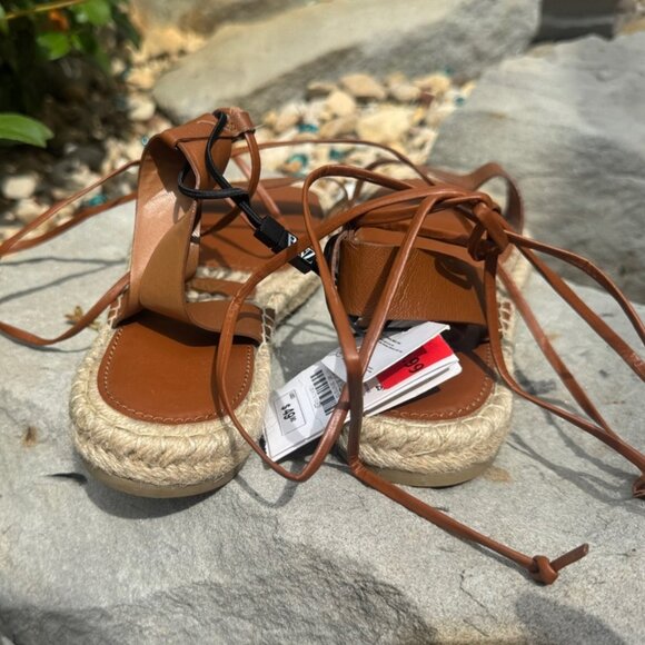 Zara Espadrille Brown Leather Tied Up Flat Sandals Women's Size 9 - Picture 5 of 9